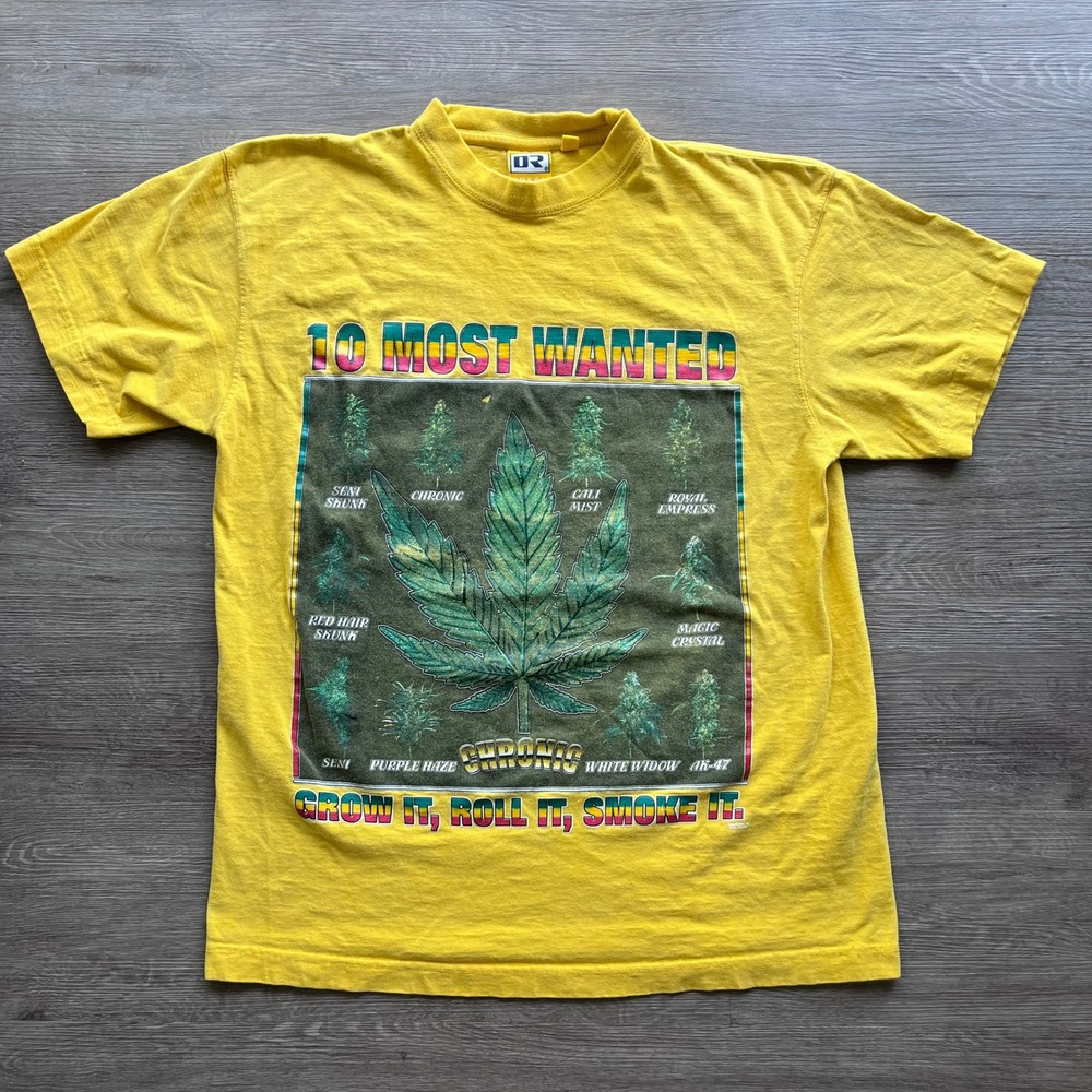 Vintage 10 Most Wanted Cannabis Graphic T-Shirt Yellow Mens Medium‎ 2007 Chronic